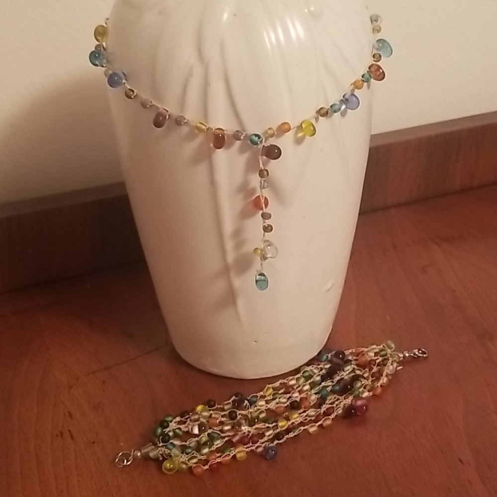 Multi-color glass bead necklace + bracelet